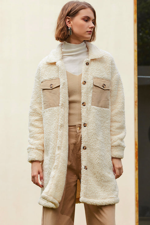Contrast Flap Pocket Single Breasted Teddy Coat